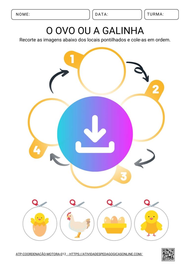 Esta atividade pedagógica é uma excelente ferramenta para baixar, imprimir e trabalhar a coordenação motora das crianças, enquanto elas aprendem sobre o ciclo de vida da galinha de maneira prática e divertida.