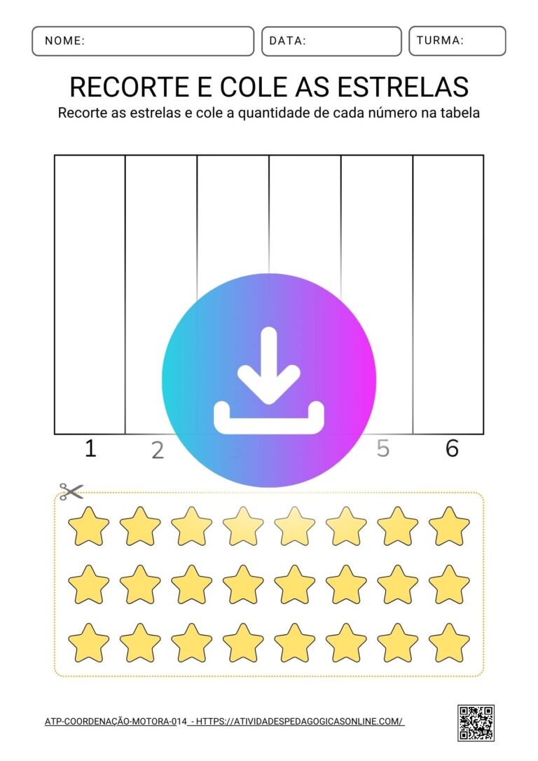 A imagem apresenta uma atividade pedagógica que trabalha habilidades de contagem e coordenação motora, onde os alunos recortam e colam estrelas em uma tabela de acordo com os números.