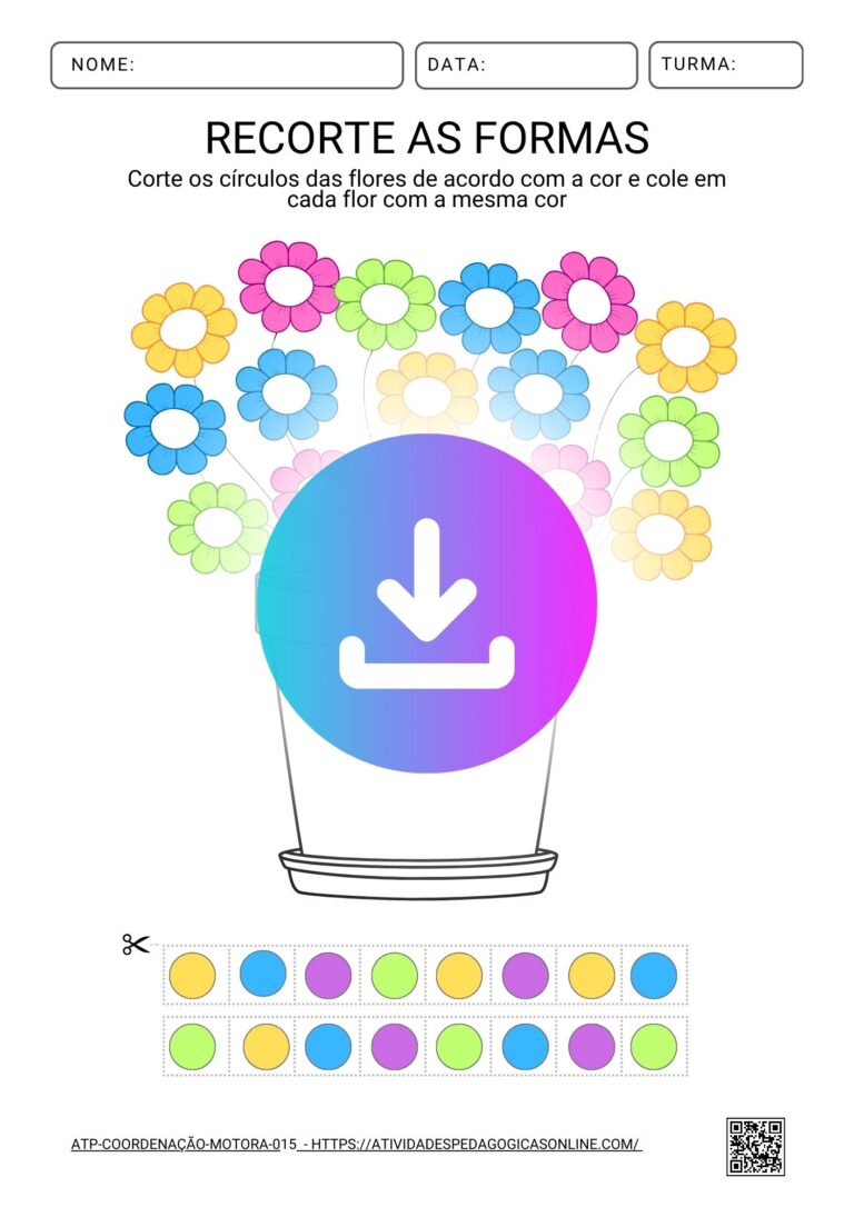 Atividade pedagógica para recortar e colar círculos coloridos em flores correspondentes, ideal para trabalhar coordenação motora e reconhecimento de cores.