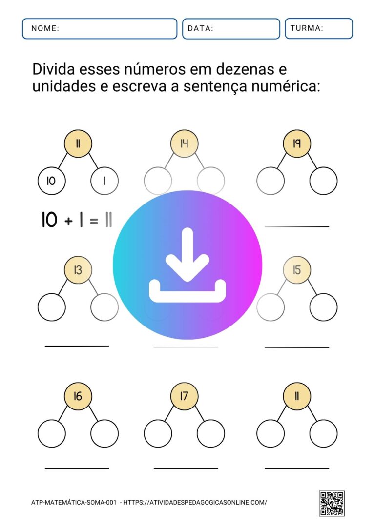 Folha de atividade pedagógica para ensino de matemática na educação infantil, mostrando como dividir números em dezenas e unidades.