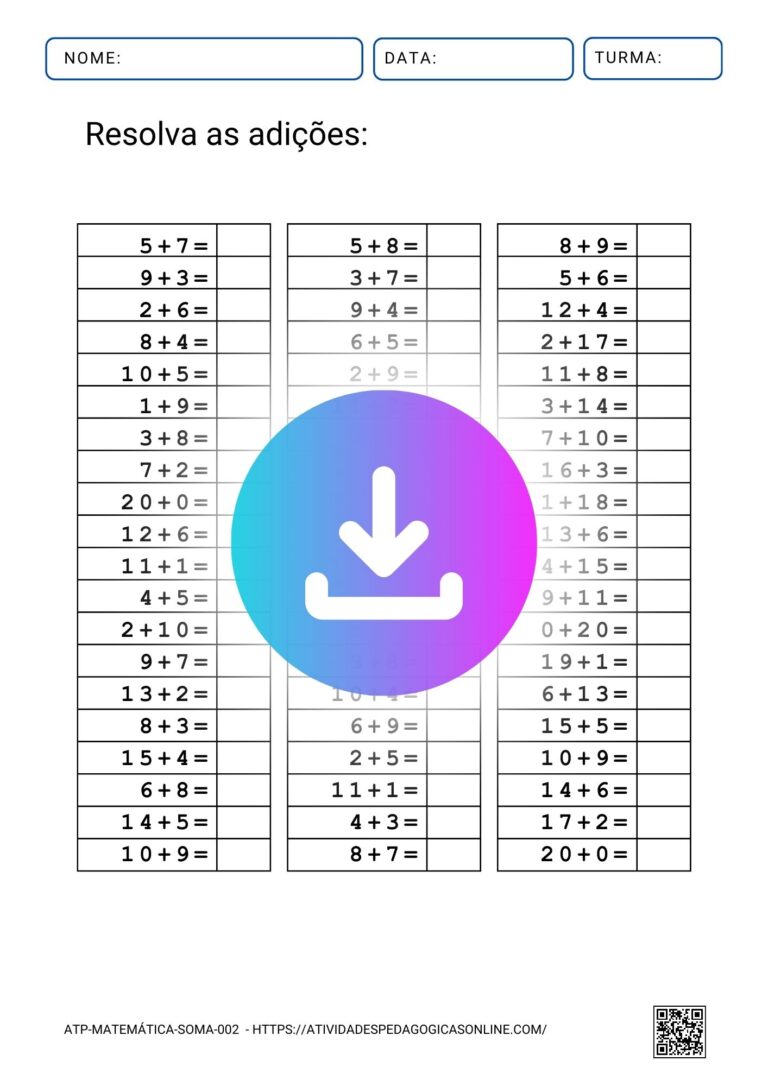 Folha de atividade de adição para educação infantil, ajudando a praticar e reforçar habilidades de soma básicas.