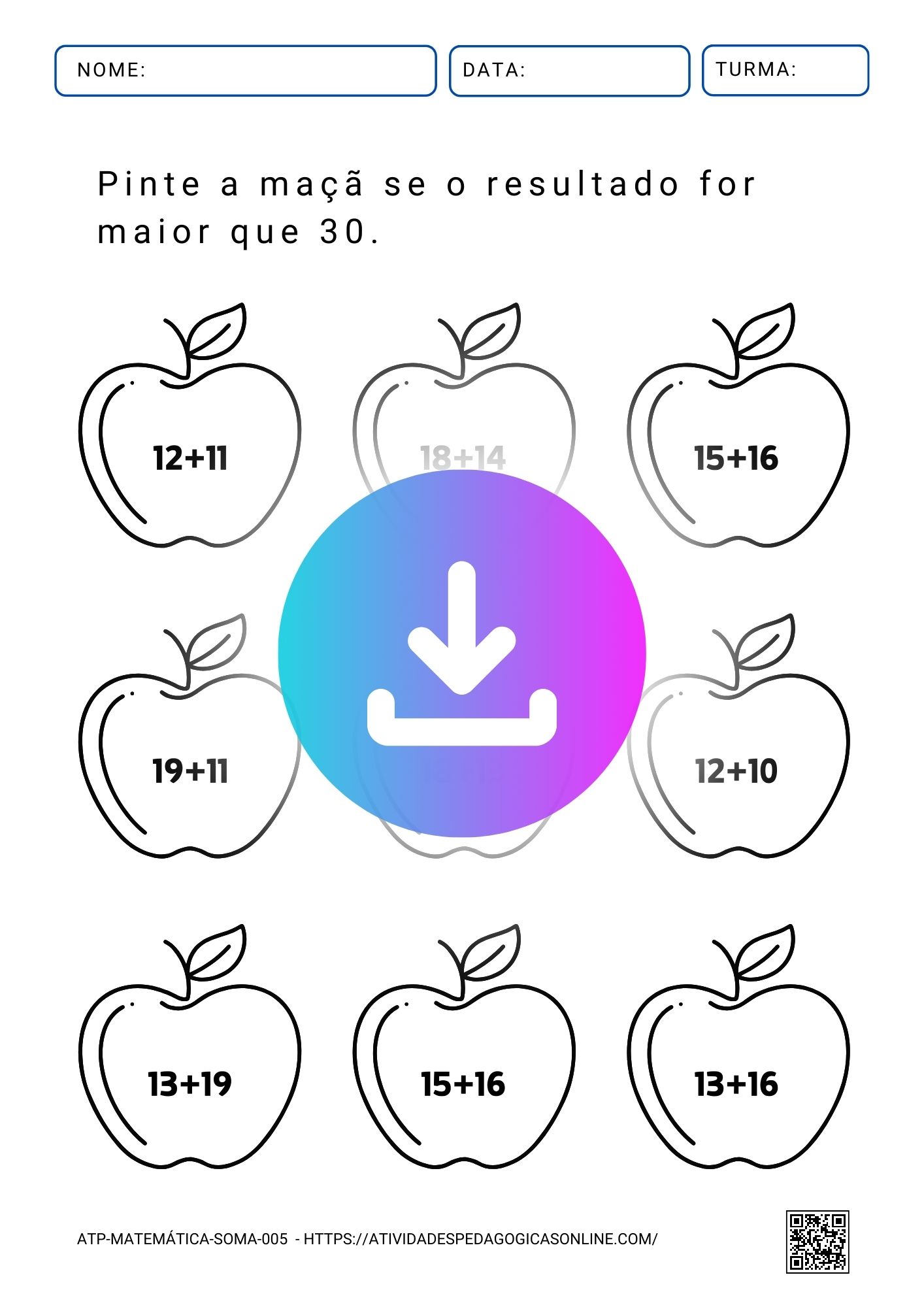 Atividade pedagógica de adição onde crianças colorirão maçãs cujos resultados de soma sejam superiores a 30, combinando matemática e arte.