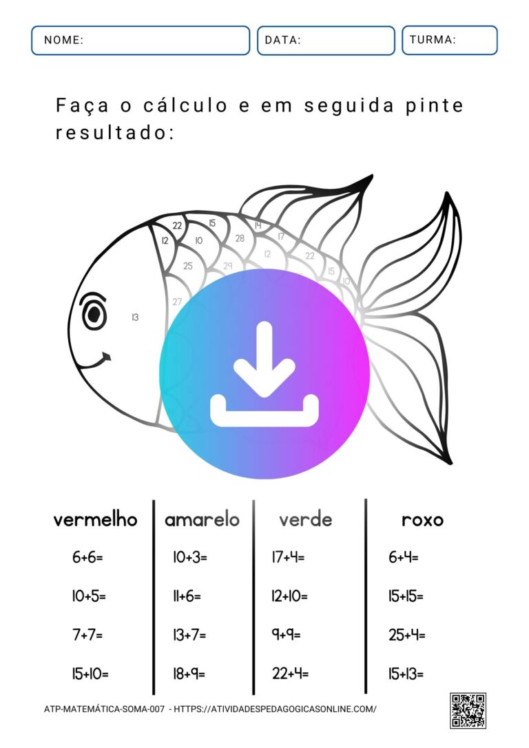 Atividade pedagógica de matemática que envolve colorir um desenho de peixe baseado nos resultados de cálculos simples, ideal para educação infantil.