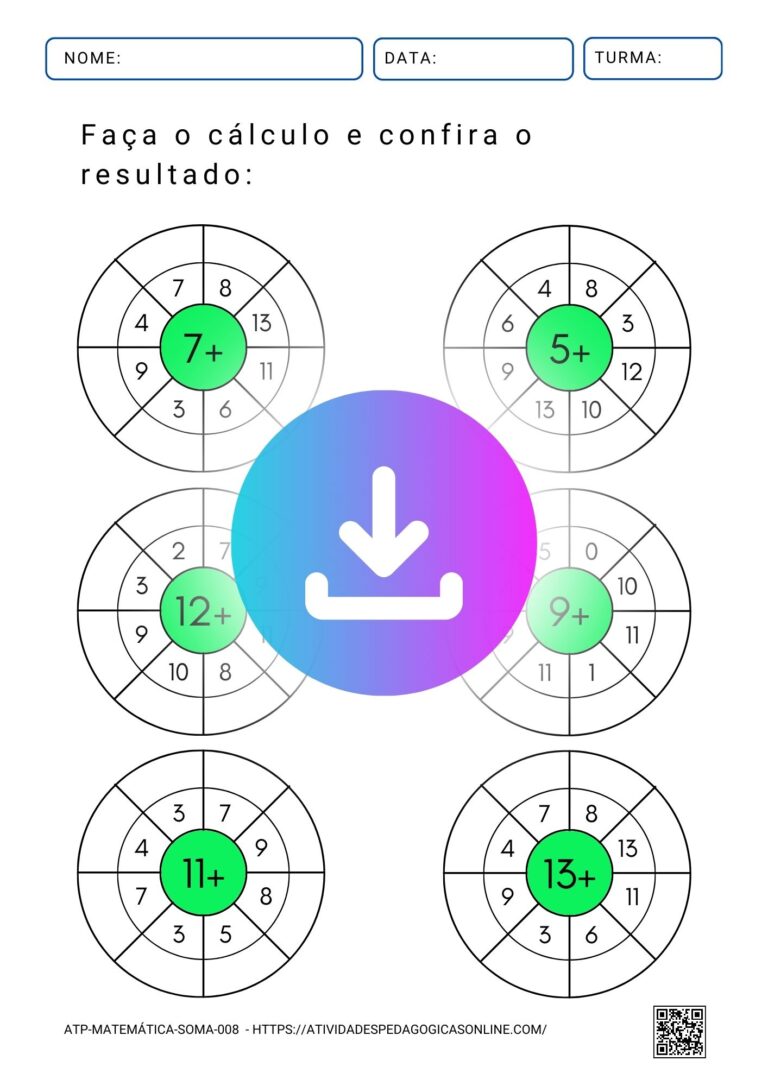 Imagem de atividade de adição com alvos numéricos, onde cada aluno deve somar números de círculos concêntricos ao número central.