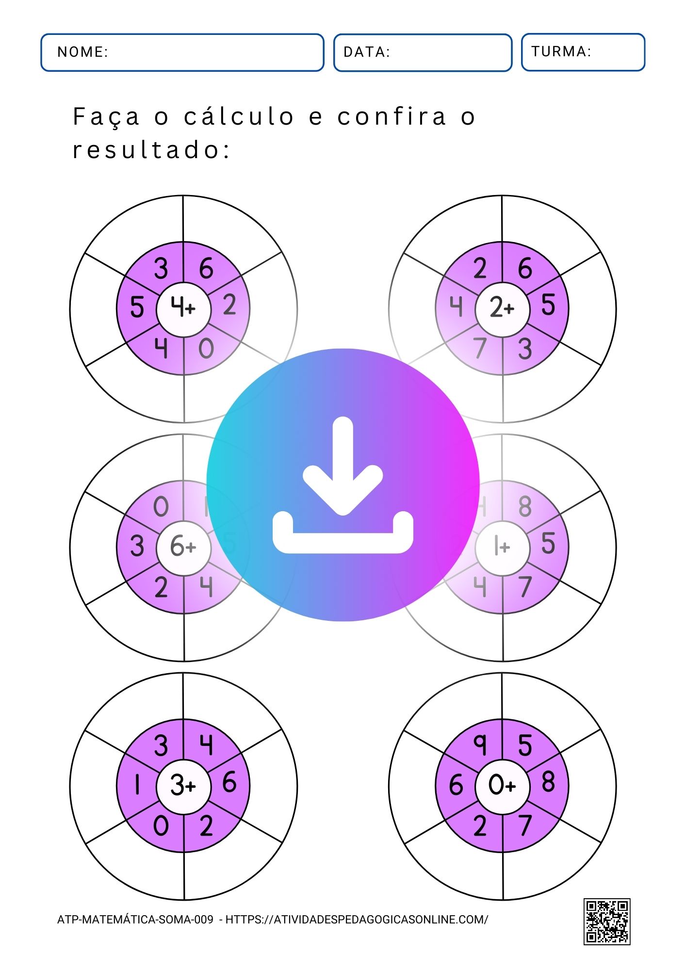 Atividade de matemática com círculos de adição, onde alunos combinam números externos para igualar ao número central, promovendo cálculo mental.