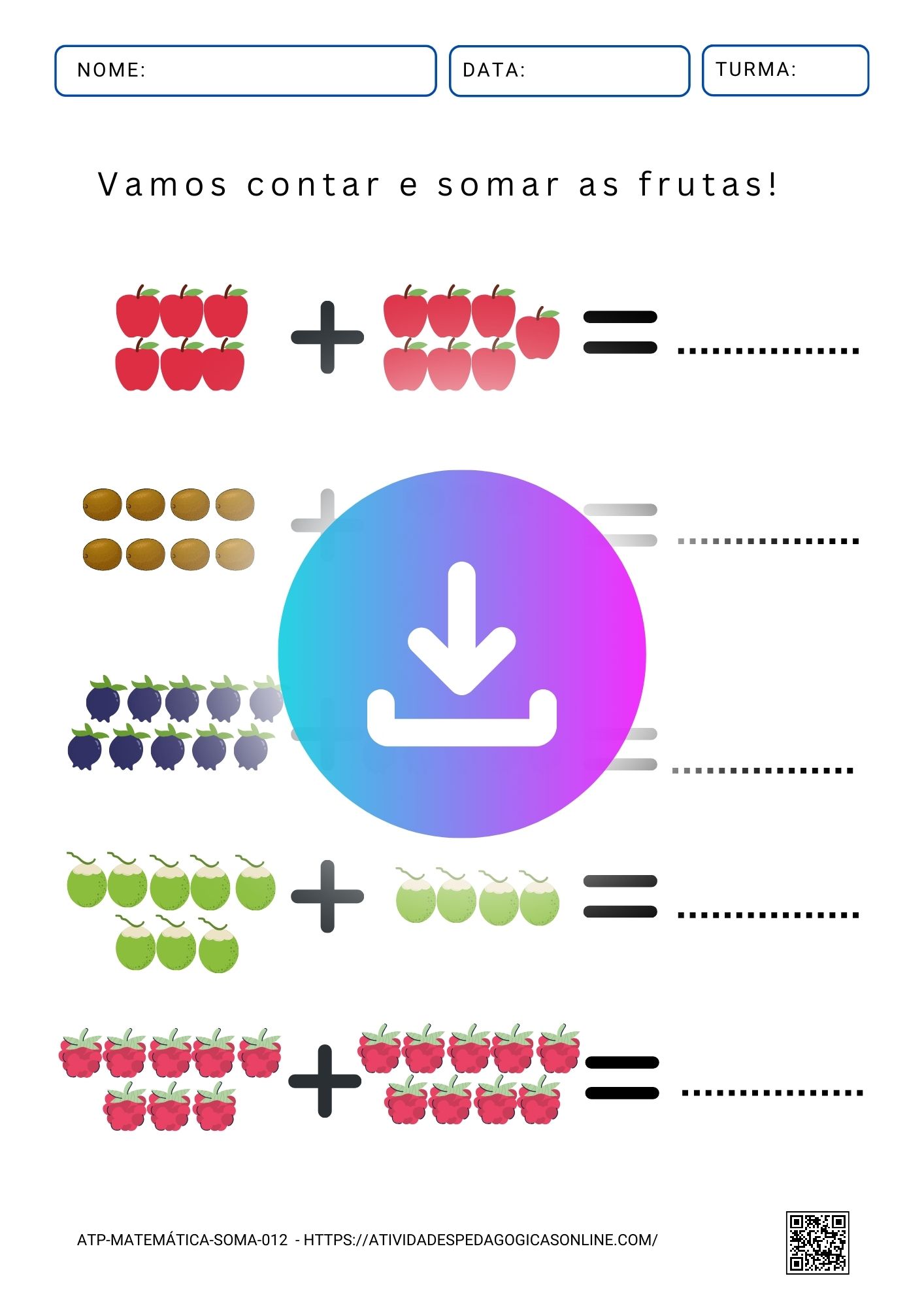 Atividade de matemática com frutas para contagem e soma, destinada a alunos da educação infantil para reforçar habilidades de adição básica.