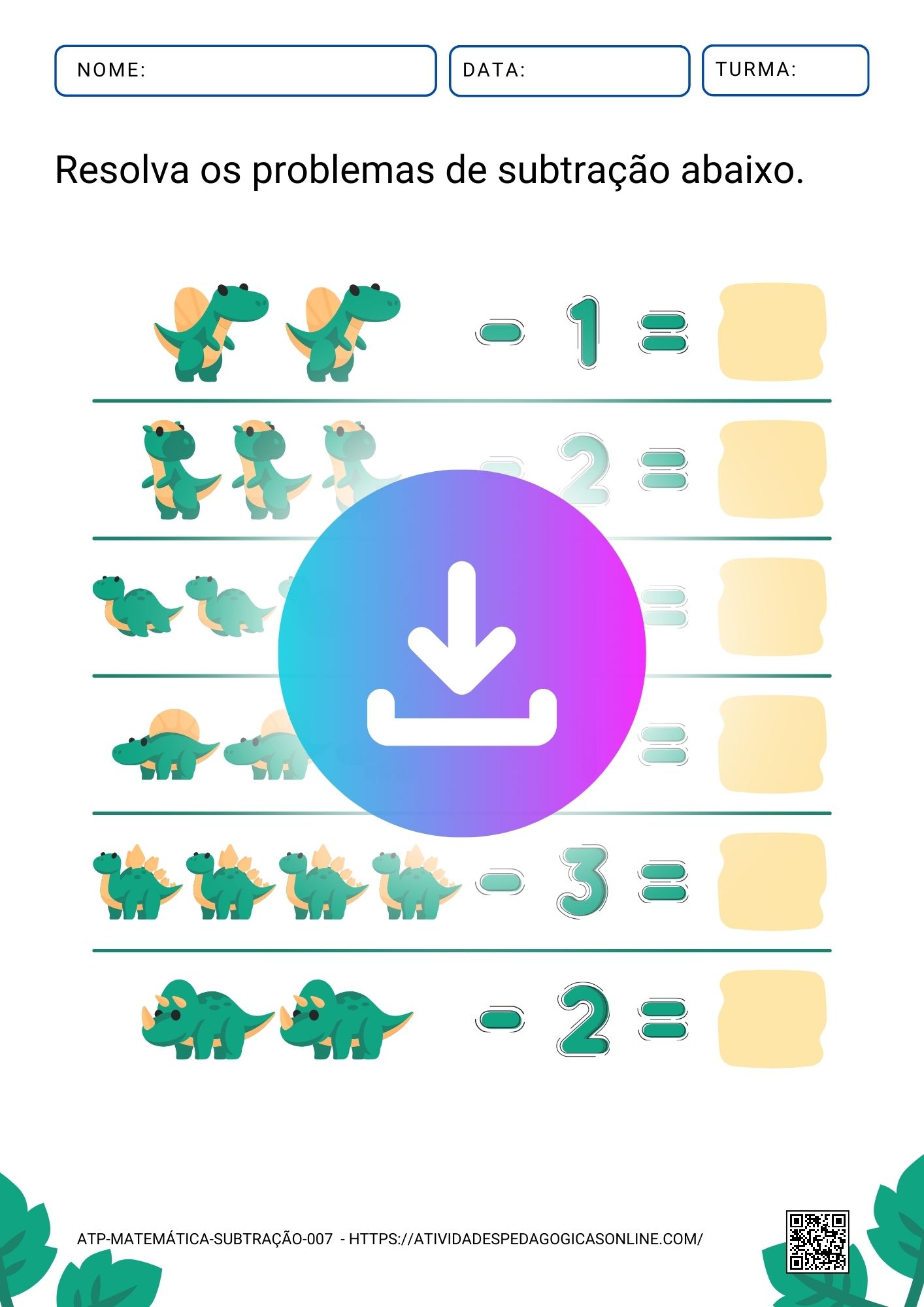 Atividade de matemática com dinossauros para praticar subtrações básicas, ideal para educação infantil, disponível para baixar e imprimir.