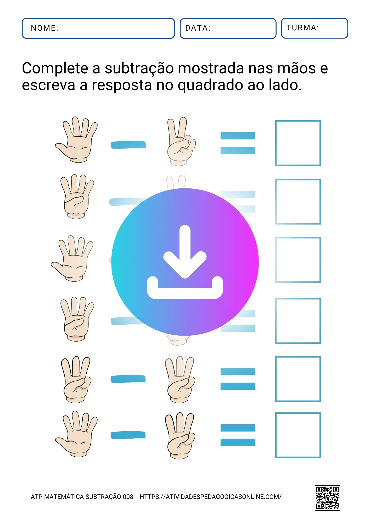 Atividade de subtração com imagens de mãos mostrando diferentes números de dedos, ideal para ensinar matemática básica a crianças.