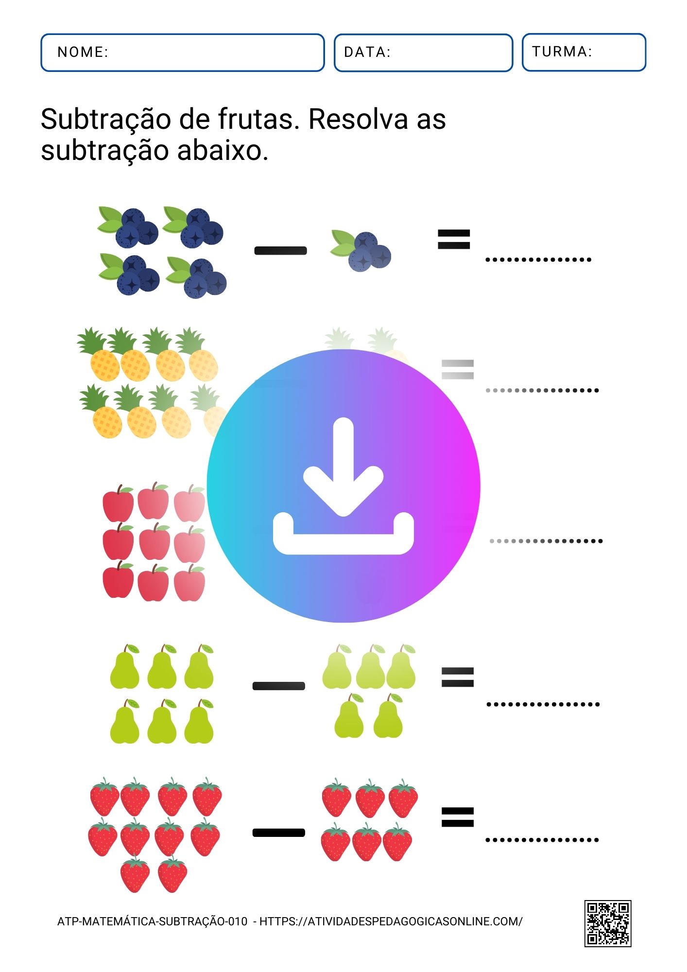 Atividade de subtração com frutas para educação infantil, focada em desenvolver habilidades matemáticas básicas e prontas para baixar e imprimir.